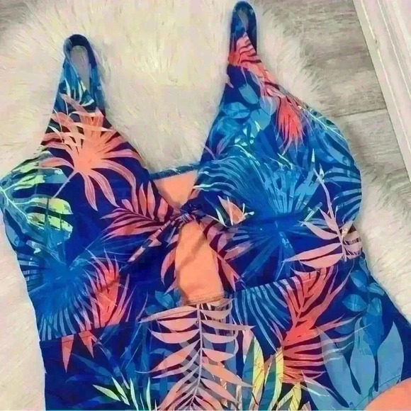 Peyton & Parker blue colorful palm frawn floral print one piece sz xxl 20/22 - Picture 5 of 9